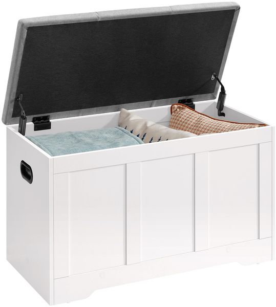 VASAGLE Truhe mit Deckel, Truhenbank mit Stauraum, 2 Sicherheitsscharniere, Schuhbank, Landhausstil, für Flur, Schlafzimmer, Wohnzimmer, 41 x 81 x 49 cm, mattweiß-Taubengrau LSB067W101