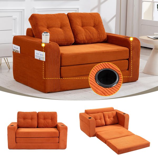 LVHOM 2-Sitzer Sofa aus Cordstoff – Montagefrei, Multifunktionales Schlafsofa mit Getränkehaltern und Seitentaschen, klappbares Gästebett, Orange