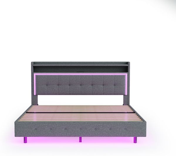 Polsterbett 160×200 cm mit USB und LED, versteckten Füßen, Grau, ohne Matratze Bild 4