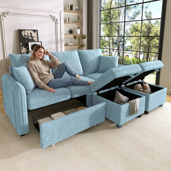 Merax Ecksofa U-förmiges Schlafsofa mit Staufunktion, Tagesbett Sofa Wohnzimmersofa aus Chenille-Bezug 1 Teile, 3-Sitzer-Ecksofa mit 2 Schubladen & 2 Hocker mit Stauraum, Polstersofa