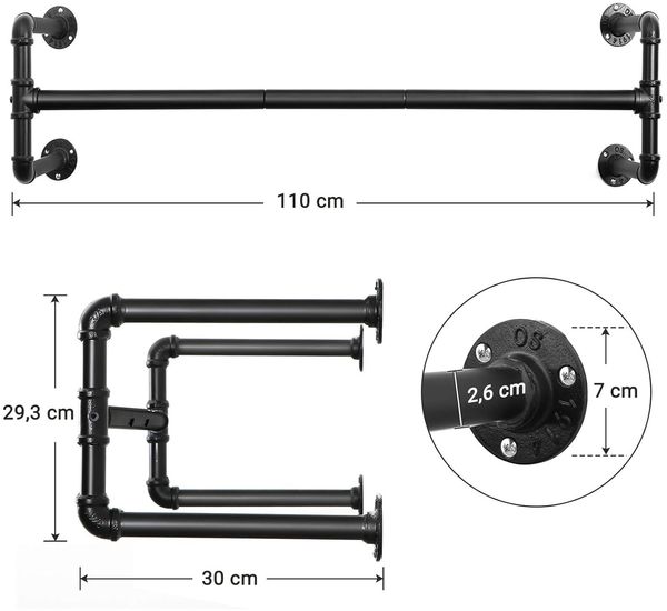 Songmics Kleiderstange (2 St) Wandmontage bis 60 kg belastbar HSR64BK-02 Bild 5
