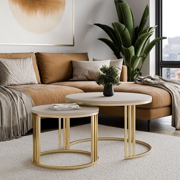 Lookway Couchtisch LORI 2in1 MATT auf einem gebürsteten goldfarbenen Gestell (2er Set), Durchmesser: ⌀70 cm und ⌀50 cm