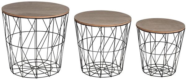 levandeo 3er Set Beistelltisch Metall Metallkorb Drahtkorb Schwarz Braun Couchtisch Deckel Aufbewahrung Design Deko Tisch Home