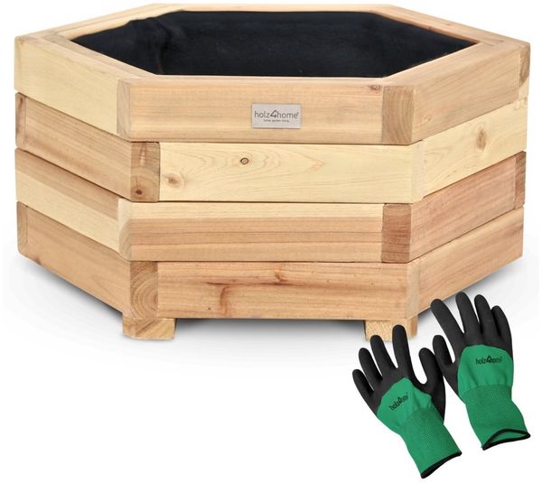 holz4home® Pflanzkübel 6-eckig aus Tannenholz I Outdoor Blumenkübel für Garten Balkon, inkl. Gartenhandschuhe & Vlies