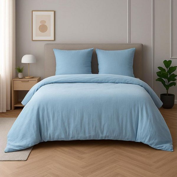 TRAUMSCHLAF Bettwäsche Musselin Uni, Musselin, luftig, leichte Uni Bettwäsche, 1x Deckenbezug, 2x Kissenbezug, Bleu, 240x220 cm + 2 x 80 x 80 cm
