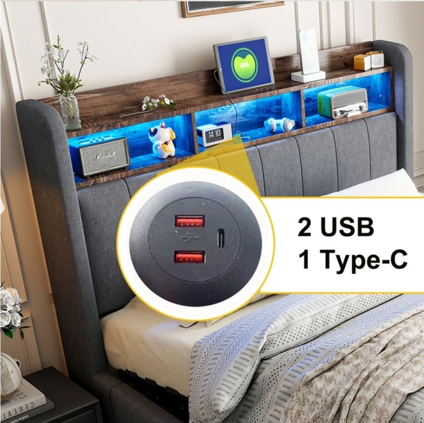 OKWISH Polsterbett Doppelbett, mit hydraulisches Stauraum (mit Kopfteil Einlegeböden, mit LED-Beleuchtung & USB-Anschluss, 180 x 200 cm), ohne Matratze Bild 2