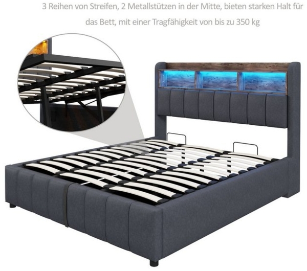 OKWISH Polsterbett Doppelbett, mit hydraulisches Stauraum (mit Kopfteil Einlegeböden, mit LED-Beleuchtung & USB-Anschluss, 180 x 200 cm), ohne Matratze Bild 4