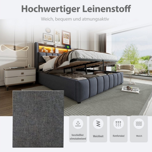 OKWISH Polsterbett Doppelbett, mit hydraulisches Stauraum (mit Kopfteil Einlegeböden, mit LED-Beleuchtung & USB-Anschluss, 180 x 200 cm), ohne Matratze Bild 3