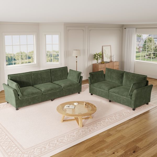 Merax Sofakombination, Modulares Sofa-Set, Frei Kombinierbar, Wohnzimmer Sofa, Chenille Stoff, 3-Sitzer + 2-Sitzer, Mit Kissen, Weich Gepolstert, Grün