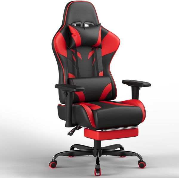 JUMMICO Gaming Stuhl mit 2D verstellbaren Armlehnen, Bürostuhl Ergonomisch mit Fußstütze, Gamer Stuhl Belastbarkeit 150 kg, Rot