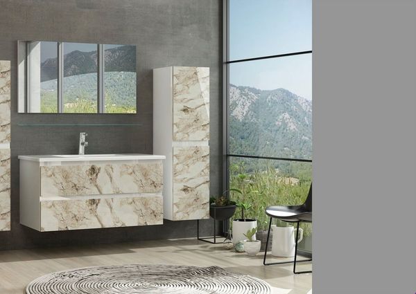 Homeline Badmöbel-Set 90 cm Badmöbel set Hochglanz Weiß Beige / Marmor Optik badmöbel