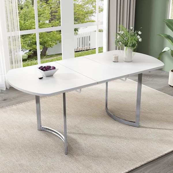 Ausziehbarer Esstisch 140/180 x 80 cm, ausziehbare Länge 180 cm, versilberte Metallbeine, moderner Stil, hochfeste Legierungshalterung, geeignet für 4–6 Personen, weiße + versilberte Tischbeine