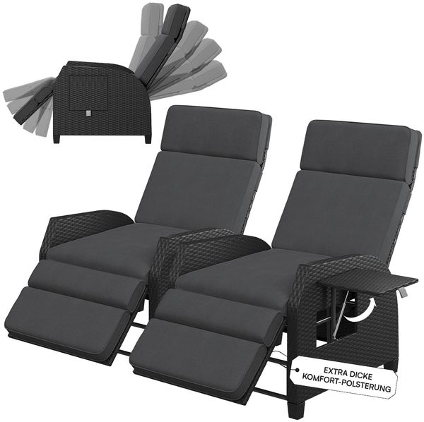 STEELSØN 'Caelum' Polyrattan Sessel mit Liegefunktion, schwarz, verstellbare Rückenlehne, inkl. Polster, Ausklapptisch, wetterfest, 2er Set