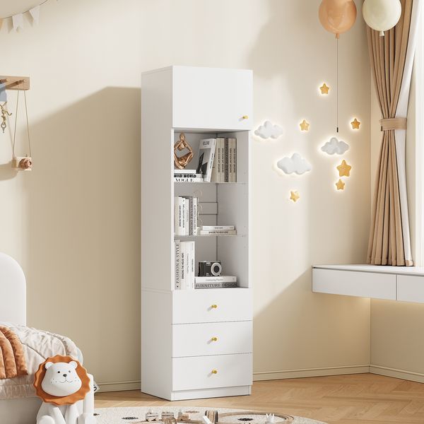 Vitrine, Hochschrank, Aufbewahrungsschrank, Bücherregal, mit offenem Stauraum, mit Schubladen, höhenverstellbare Glasböden, Weiß, 50×40×180 cm