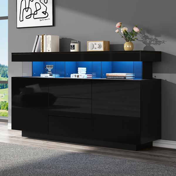 Sideboard 140x35x80 cm schwarz Hochglanz LED-Beleuchtung 3 Schubladen 2 Schranktüren