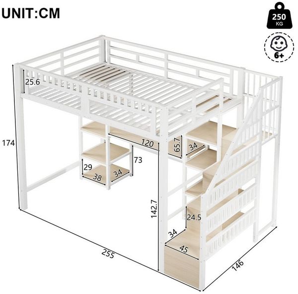 Ulife Hochbett Hochbett mit Schreibtisch, LED & USB (Eisenrahmen, ohne Matratze)