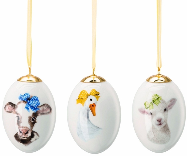 Hutschenreuther Geschenkserie Farm Life Set 3 Porzellan-Eier Osterdekoration Limitierte Geschenkserie aus Porzellan 7cm Kuh, Gans, Lamm mit Schleife Motiv, Weiß