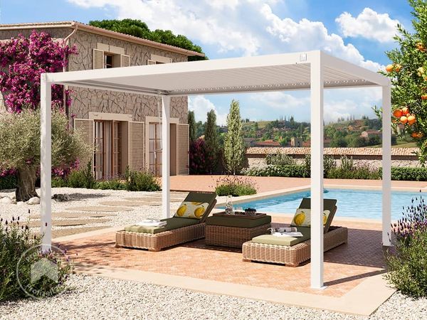 PRIMEYARD Pergola 3x4 m Aluminium-Pfosten mit Lamellendach aus Stahl weiße Terrassenüberdachung