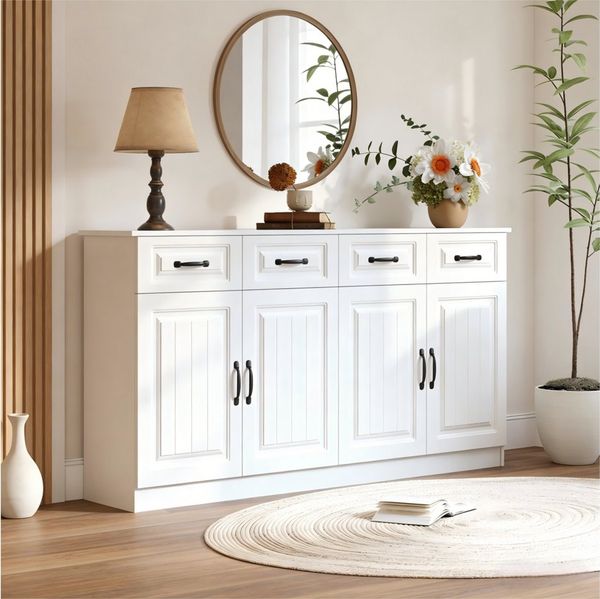Merax Sideboard mit Metallgriffen, Kommode in Geriffeltes Design (160 x 35 x 80 cm, 1 St), Wohnzimmerschrank mit 4 Schubladen, 4 Türen & Einlegeböden