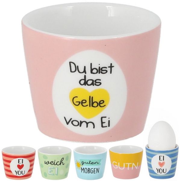 CEPEWA Eierbecher Eierbecher 6er Set 6 Motive Steingut bunt 5x4 cm Gute Laune Sprüche