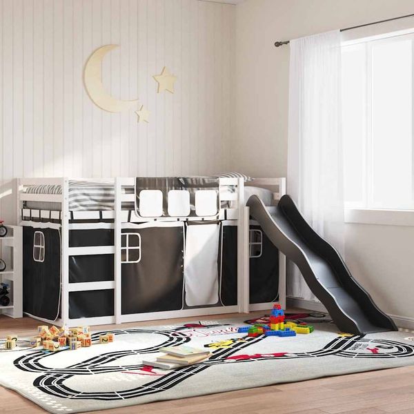 vidaXL Etagenbett mit Rutsche und Gardinen Weiß und Schwarz 90x200 cm 3284110