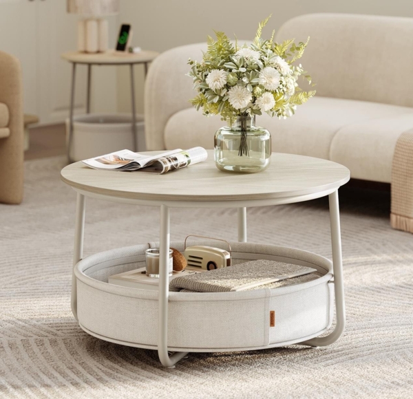 VASAGLE Couchtisch, Beistelltisch, Wohnzimmertisch mit Korb aus Stoff, modern, ∅75 x 45 cm, beige