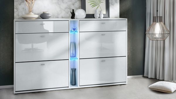 Schuhschrank Schuhkipper Today 155,5 x 95 x 28 cm mit blauer LED Beleuchtung, Korpus in Weiß matt, Fronten in Weiß Hochglanz