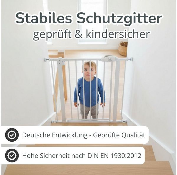 Bronea Treppenschutzgitter CLEO Türgitter ohne Bohren Kinderschutzgitter Treppengitter (zum Klemmen - ohne bohren für Tür & Treppe 75–165 cm verlängerbar, Beidseitig öffnend - Auto-Close - 90° Stopp - 3-Schritt-Sicherung), Entwickelt, Geprüft & Zertifi...