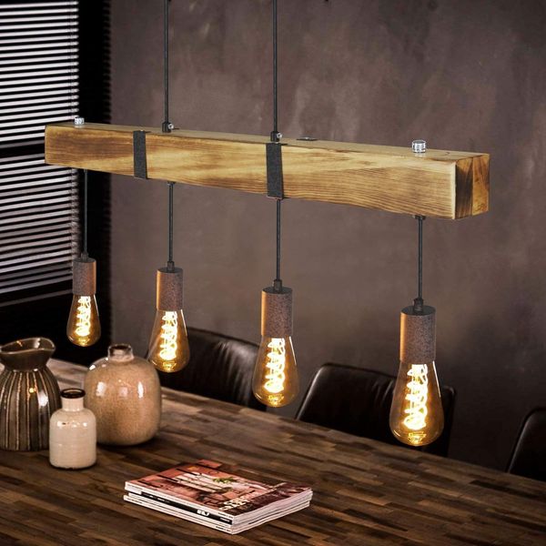 ZMH Pendelleuchte, 4-flammig, E27, Durchmesser 80 cm, Retro, mit Vintage-Holzbalken, für Esszimmer und Küche, max. 25 W