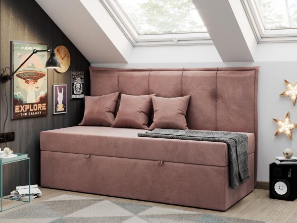 Kinderbett BANCO, Boxspringbetten für Kinderzimmer, Jugendbett, Einzelbett mit Matratze - Dunkelrosa Velvet - Topper Visco