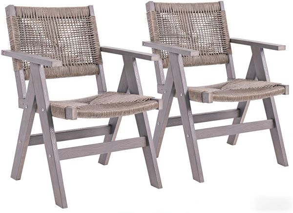 HIPS Outdoor Folding Chair with Woven Rope Seat & Back, Set of 2, Weather Resistant Patio Dining Chair with Armrests for Deck, Backyard, Garden, Poolsidee (Carbon Grey)