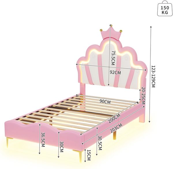 Merax Einzelbett, Polsterbett 90*200cm, Kinderbett kronenförmiges Prinzessinnenbett, weiche Polsterung aus PU-Leder, verstellbarer LED-Umgebungslichtstreifen, Rosa