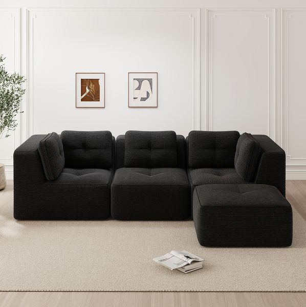 Ecksofa aus Cord, modular, tiefe Sitzfläche, 297x177x69 cm, schwarz, kein Aufbau erforderlich