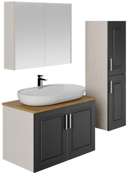 Karen Badmöbel-Set Badmöbel Set Arin Anthrazit Konsole, (Komplett-Set, Standartmäßig 4-Teilig (Unterschrank, Konsole, Waschbecken, Spiegelschrank), 4-St, Unterschrank mit Türen, Spiegelschrank mit Türen & Regalen), Landhaus-Stil, Matt-PVC-Beschichtung,...
