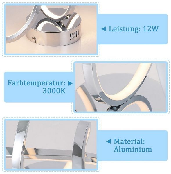 Nettlife LED Deckenleuchte Schwarz /Weiß/Silber Modern 12W Wohnzimmer Schlafzimmer 3000K, LED fest integriert, Warmweiß