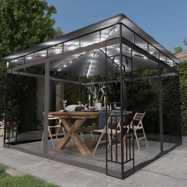 Gartenpavillon, Pavillon mit Moskitonetz & LED-Lichterkette 3x3x2,73m Anthrazit