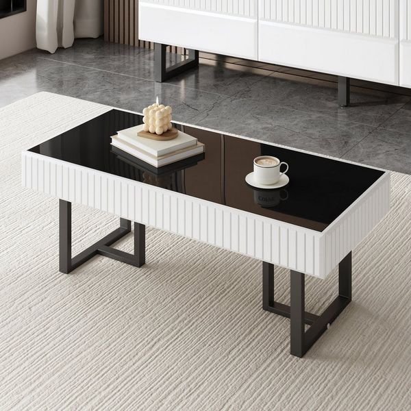 OKWISH Couchtisch Beistelltisch 110x50x41 cm mit Hochglanz-Platte in Schwarz-Weiß. (Packung, 1-St, Couchtisch mit stabilem Gestell), Klassisches Schwarz-Weiß-Design, geräumiger Desktop