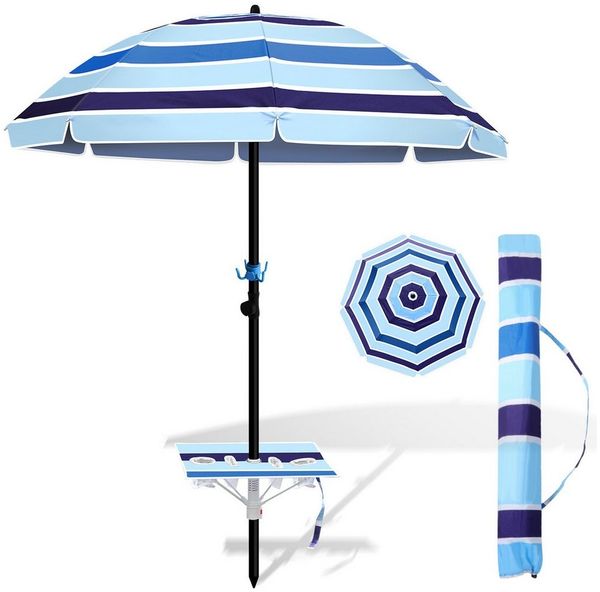 Clanmacy Sonnenschirm ∅210 cm, Strandschirm, Sonnenschutz UPF 50+, Ablagefläche, 1 x Sonnenschirm,1 x Klapptisch,1 x Haken,1 x Tragetasche, 2-in-1 Sonnenschirm und Strandschirm, Schirm höhenverstellbar,für Garten, Balkon,Terasse/Sonnenschutz UV50+