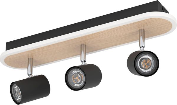 EGLO LED Deckenleuchte Rimbocchi, 3 schwenkbare Spots, Deckenstrahler aus Metall Schwarz Holz-Optik, warmweißes Licht, 2500 Lumen, energieeffizient, 46cm Länge