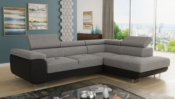 Ecksofa Caris mit Schlaffunktion, Bettkasten und einstellbare Kopfstützen (Schwarz + Grau (Soft 011 + Sawana 21), Ecksofa Rechts)