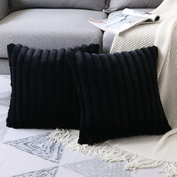 Kissenbezüge 2er Set Flauschig Plüsch Deko Dekokissen Sofakissen Zierkissenbezüge 45*45cm Sofakissen Couchkissen Bezug Sofa Schlafzimmer Reißverschluss,Schwarz