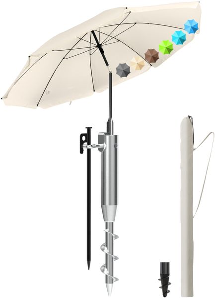 Menz Sonnenschirm Strand 3-in-1 Set Ø180 cm Beige - Strandschirm windfest stabil mit UV50+ Sonnenschutz, Eindrehbodenhülse Sonnenschirm & Schutzhülle – höhenverstellbar & neigbar