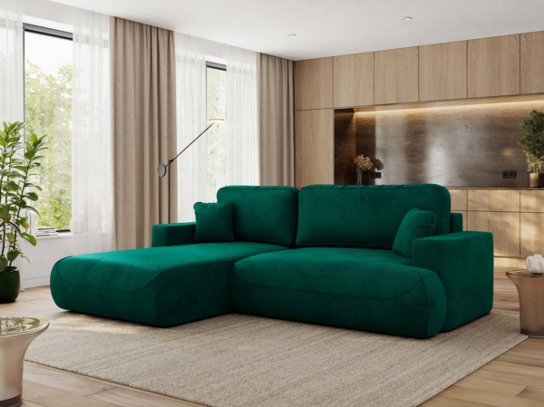 Ecksofa OVO mit schlaffunktion und bettkasten, Wellenfeder, lose Kissen, L-form 271x195 cm - Dunkelgrün Velvet - linke Seite