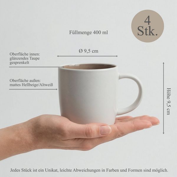 Hausfelder Geschirr-Set Geschirrset 4 Personen Steingut Becher 400ml Kaffeetassen Set (4-tlg), Steinzeug, spülmaschinen- & mikrowellengeeignet, Reaktivglasur