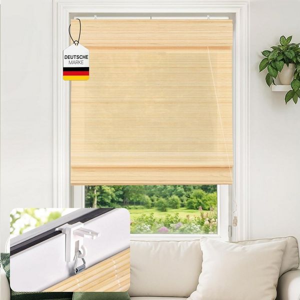 Victoria M. Raffrollo Bambus-Raffrollo Klemmfix, 40 x 130 cm, natur, ohne Bohren, freihängend, Klemmfix-Montage, Nachträglich anpassbar