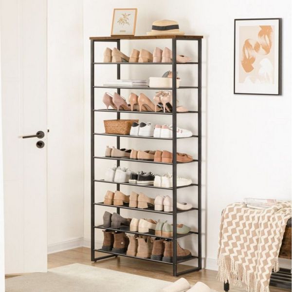 Hoobro Schuhregal 10 Ebenen – Industrielles Design, Große Kapazität, Rustikales Braun, Robuste Konstruktion, Platzsparend, Einfache Montage