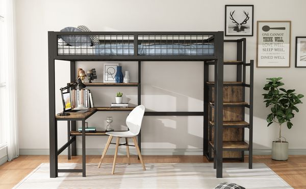 Bett 140x200 cm mit Schreibtisch und Einbauschrank – Hochbett im LOFT-Design, schwarz-braun
