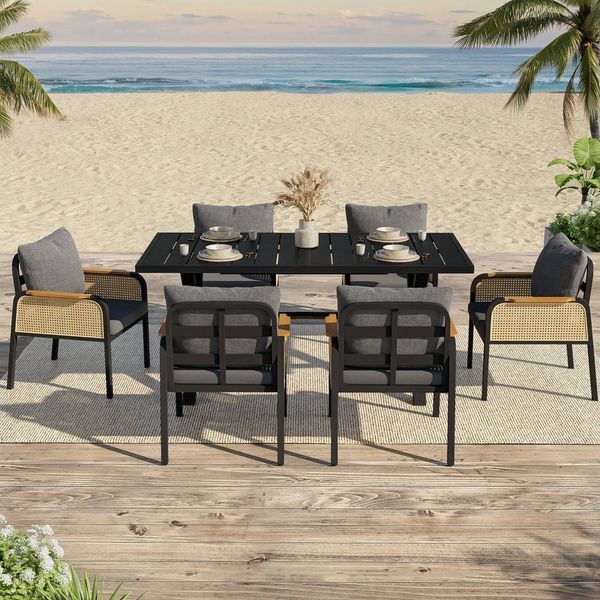 REDOM Garten-Essgruppe Modernes Outdoor-Sofa-Set mit Tisch & 6 Stühlen, gepolstert, (Set, 7-tlg, Komplettset inklusive bequemer Sitzkissen), Mit Eisengestell & geflochtenen Armlehnen, für mehrere Personen