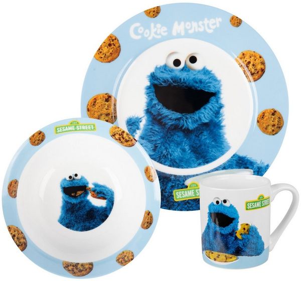 United Labels® Frühstücks-Geschirrset Sesamstraße - Krümelmonster - Set, 3-tlg, 1 Personen, Porzellan