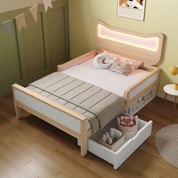 Merax Einzelbett, Kinderbett 90×190 cm mit Katzenohren Kopfteil & RGB‑LED‑Beleuchtung, flexible Schublade & Staufach links/rechts montierbar, Weiß & Eiche